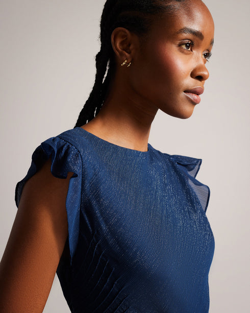 LAURAE-Dresses-LAURAE is a show-stopper. The metallic fibres and ruffle details are guaranteed to turn heads, while the bow tied back make it the perfect occasion piece. Maxi dress A-line Ruffle details Metallic fibres Bow tied back V-neck Sleeveless Awuoi is 5'10.5" / 1.79m and wears Dark Blue in a Ted size 1- Ted Baker Romania